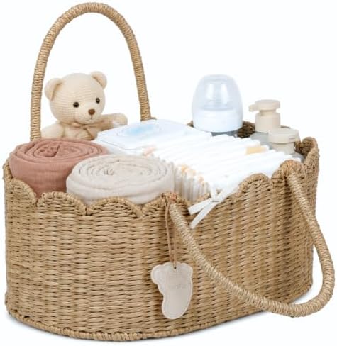 YANGQIHOME Diaper Caddy Organizer, Seagrass Nursery Baby Basket for Baby Essentials, Scalloped Wicker Diaper Caddy, Baby Shower Gifts (MeadowNest) by YANGQIHOME