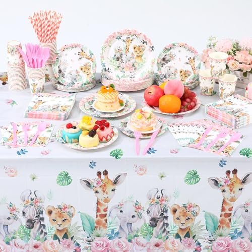 Funnymoom 452 Pcs Safari Birthday Party Supplies Include Jungle Theme Paper Plates Napkins Cups Tablecloth Cutlery Straws for Animal Safari Jungle Wild Birthday Baby Shower Party Decorations - Image 4