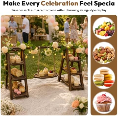 Wooden 3 Tier Cupcake Stand with Swing, Star String Lights & Champagne Flower Vine, Rustic Dessert Table Display Set, Tiered Food Serving Tray for Party, Wedding, Catering Centerpieces - Image 2