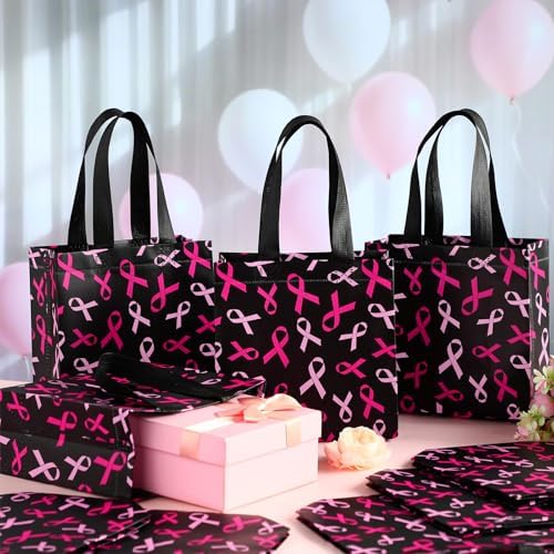 Lingvee 50 Pcs Breast Cancer Awareness Gift Bag Bulk Reusable Tote Bags with Handle, Pink Ribbon Non Woven Bottom Tote for Women Friends Breast Cancer Survivor Party Supplies(Pink Ribbon) - Image 2