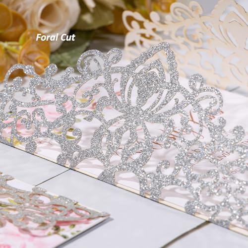 50Pcs Glitter Laser Cut Wedding Invitation Cards with Envelope Silvery - Image 5