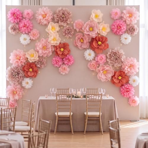 Cholemy 24 Pcs Tissue Paper Flowers, Crepe Paper Flowers Decorations 8" 10" 12" for Wedding Party Baby Bridal Shower Carnival Party Birthday Nursery Wall Decor (Dusty Pink，Peach) - Image 6