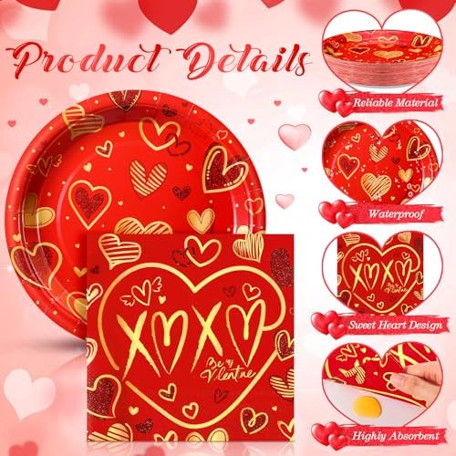 Ziliny 171 Pcs Valentine's Day Party Decorations Serve 24 Xoxo Paper Plates Napkins Cups Banner Tablecloth Cutlery Valentine Galentines Day Anniversary Wedding Baby Shower Party Supplies - Image 4