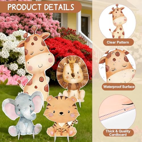 4Pcs Large Jungle Safari Animal Party Decorations, 23.6'' Plastic Cartoon Jungle Animal Cardboard Cutout StandUp Wild One Safari Party Centerpieces Photo Booth Backdrop for Baby Shower Birthday - Image 4