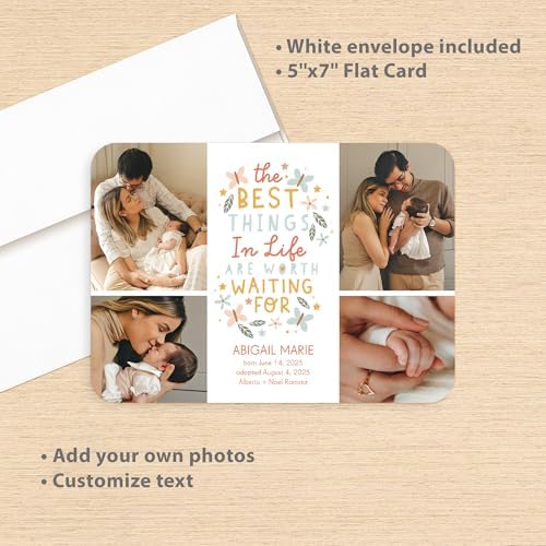 Let's Make Memories Personalized Baby Announcement Cards - Birth, Adoption - Boy, Girl - Premium Quality Custom Photo Cards for Mailing - 5x7 - Includes White Envelopes - Worth The Wait - 75 ct - Image 3