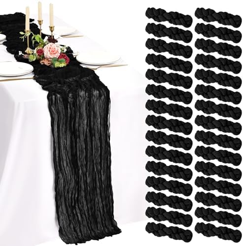 30 Pack Cheesecloth Table Runner 10FT Black Table Runner Boho Gauze Cheese Cloth Table Runners Long Rustic Sheer Table Decorations for Wedding Party Baby Bridal Shower Birthday Holiday Home by Showgeous