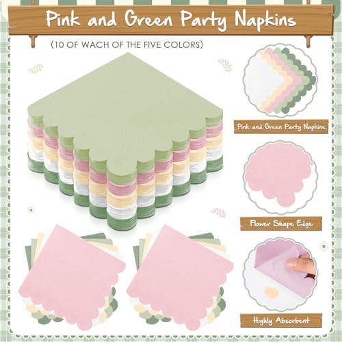 Zhehao 150 Pcs Pink and Green Paper Plates Napkins Serves 50 - Image 5