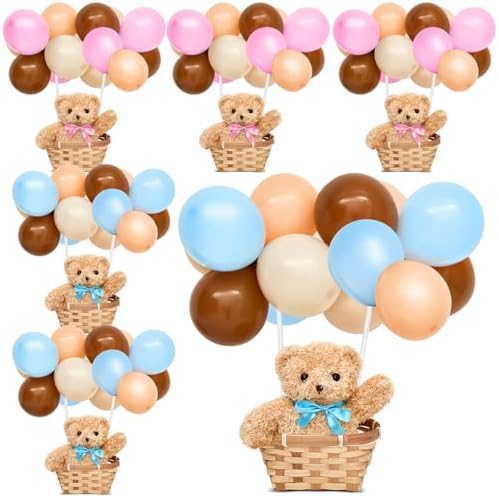 Hollowfly 6 Set Bear Baby Shower Party Centerpieces Table Decoration 6 Gender Reveal Stuffed Plush Bears 6 Bamboo Baskets 60 Colorful Balloons 12 Balloon Stands Birthday Party Wedding(Blue, Pink) by Hollowfly