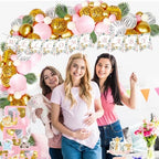 147 PCs Safari Baby Shower Decorations for Girl, Party Inspo Jungle Themed Baby Shower Décor Backdrop Balloon Garland Artificial Leaves Banner Tablecloth Cake Cupcake Topper Boxes Cutout Deer Pink - Image 7