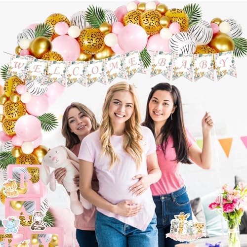 147 PCs Safari Baby Shower Decorations for Girl, Party Inspo Jungle Themed Baby Shower Décor Backdrop Balloon Garland Artificial Leaves Banner Tablecloth Cake Cupcake Topper Boxes Cutout Deer Pink - Image 7