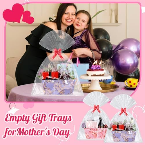 Kolldenn 12 Pack Empty Gift Basket to Fill 9.8 x 6.5'' Pink Purple Floral Bouquet Box with Handles Bows Plastic Bags and Card for Tea Party Wedding Arrangement - Image 6
