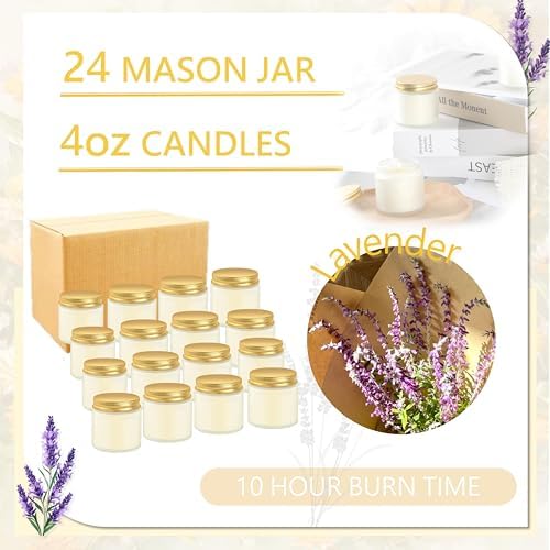 ACITHGL 24 Pcs Frosted Glass 4oz Mini Mason Jar Candles Small Lavender Scented Candles Bulk Aromatherapy Ideal Souvenir Favors for Wedding Birthday Party (Gold, Frosted, 24) - Image 3