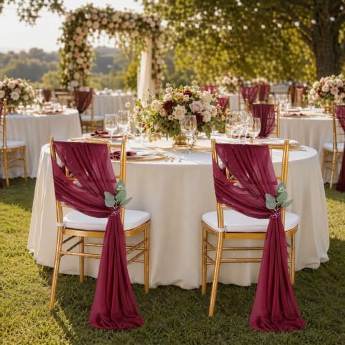 QueenDream Burgundy Chair Sashes Wedding: 50 Pieces Long Sheer Wedding Aisle Chair Decorations Tulle Chairs Covers with Artificial Eucalyptus - Image 6