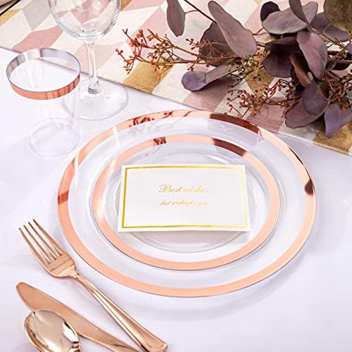 YOUBET 175PCS Rose Gold Plastic Plates - Clear Plastic Plates Disposable with Rose Gold Rim includes 50 Plates, 25Forks, 25Knives, 25Spoons, 25Cups, 25Napkins for Party & Wedding - Image 3