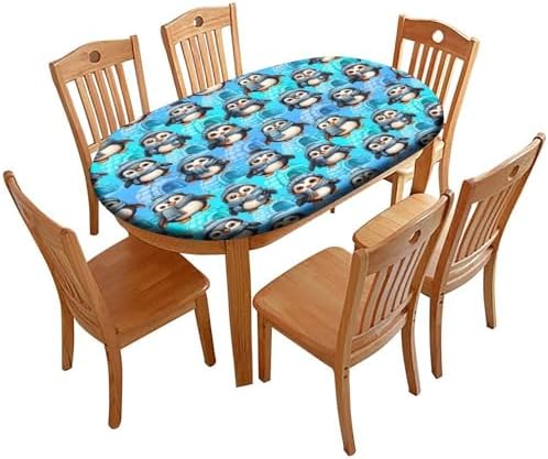 Bundled Up Penguins Fabric Print Oval Table Cloths Stain Resistant Oilproof Elastic for Event Wedding Banquet & Parties Fits for 48" x 68" Oval Table by ZNCTFMR