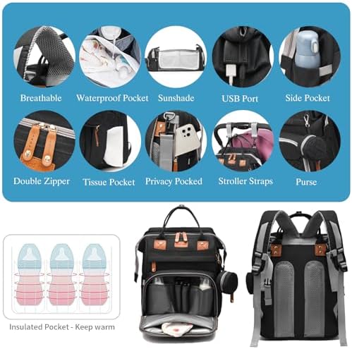 Jeryswet Baby Diaper Bags with Changing Station, Waterproof Large Capacity Diaper Bag Backpack for Moms Dads with USB Charging Port and Stroller Straps, Baby Shower Gifts, Black - Image 5