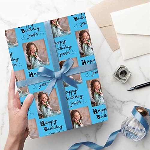MyPupSocks Personalized Photo Wrapping Paper, Happy Birthday with Name Photo Blue Custom Funny Wrapping Paper Roll for Boys Girls Baby Shower Wedding Anniversary Birthday Gift 58x23 Inch 3 Rolls - Image 5