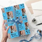 MyPupSocks Personalized Photo Wrapping Paper, Happy Birthday with Name Photo Blue Custom Funny Wrapping Paper Roll for Boys Girls Baby Shower Wedding Anniversary Birthday Gift 58x23 Inch 5 Rolls - Image 5