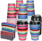 Whaline 50 Sets Mexican Serape Fiesta Disposable Coffee Cups with Lids and Sleeves Mexican Carnival Themed Rainbow Colors Striped Paper Drinking Cups for Cinco De Mayo Birthday Party Supplies - Image 4