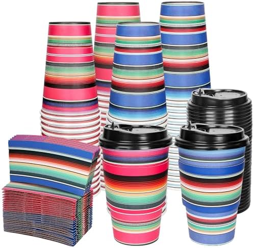 Whaline 50 Sets Mexican Serape Fiesta Disposable Coffee Cups with Lids and Sleeves Mexican Carnival Themed Rainbow Colors Striped Paper Drinking Cups for Cinco De Mayo Birthday Party Supplies - Image 4