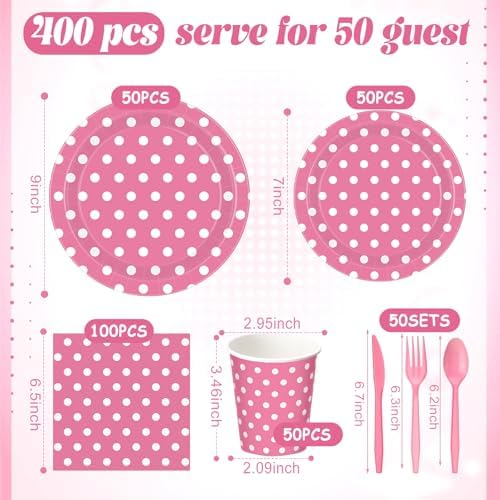 Funnymoom 400 Pcs Pink Polka Dot Party Supplies for 50 Guests White Polka Dot Paper Plates and Napkins Knives Spoon Fork Cup Set Cutlery for Birthday Wedding Bridal Shower Pink Girl - Image 3