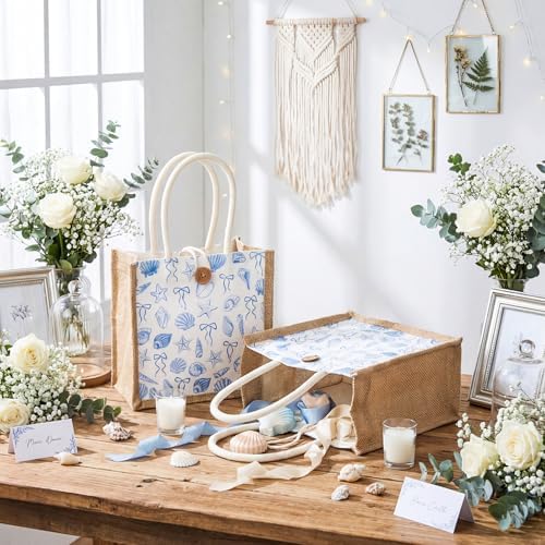 Abbylike 8 Pcs Ocean Seashell Beach Gift Bag Burlap Sea Shell Starfish Bow Party Favor Bags Coastal Reusable Canvas Goodie Candy Tote with Handle for Summer Wedding Sea Baby Shower Birthday Decor - Image 3