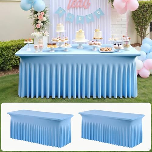2 pk Baby Blue Spandex Tablecloth 6ft With Ruffle Table Skirt, Wrinkle Free Stretchy Fitted Tablecloths for 6 Foot Rectangle Tables, Elastic Spandex Table Covers for Weddings Parties Banquet Craft by ENJOYYOURPARTY