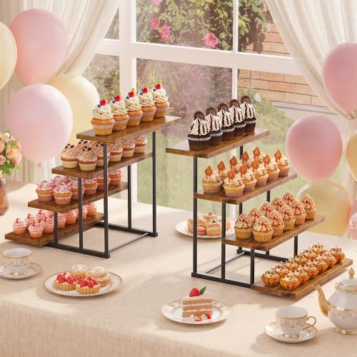 Emfogo Wooden Cupcake Display Stand, 4 Tier Rectangular Tiered Dessert Stands, Dessert Table Display Set for Vendor Booth Party Large Cup Cake Tower for Cup Cake Cookie Food (2 Pack) - Image 4