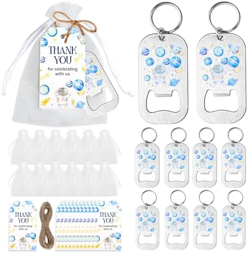 24 Sets Space Theme Baby Shower Bottle Openers Party Favors, Outer Space Bottle Openers Keychains Thank You Tags Organza Bags for Solar System Planet Astronaut Party Guest Gifts by CORNERLACE