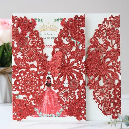 Hosmsua 50PCS Personalized Red Butterfly Invitation 5.12 x 7.3'' Laser Cut Lace Flora Quinceanera Invitation with Envelopes for Bridal Shower Sweet 16, XV Anos Birthday Invite (Red Glitter) - Image 2