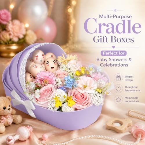 6PCS Baby Shower Box, Crib Basket Cardboard Box, Cradle-shaped Flower Basket Gift Boxs, Baby Carriage Centerpiece Floral Baskets for Celebration Birthday Decor (Purple, 14.17*8.27*3.15 in) - Image 4