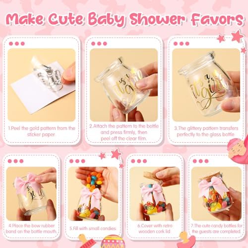 Funnymoom 24 Sets Baby Shower Bottles Favors for Guests Glass 100 ml Milk Jar with Ribbons and Stickers Decorations for Gender Reveal Newborn Centerpiece Party Favor(Pink,It's A Girl) - Image 5