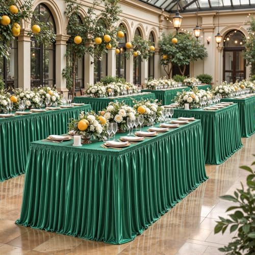 14ft Length Satin Green Table Skirt Rectangle Tables, Wrinkle Free Pleated Ruffle Table Cloth Glitter Desk Skirting for Weddings Birthday Party Satge Banquet Dining Table Decorations by Partisky