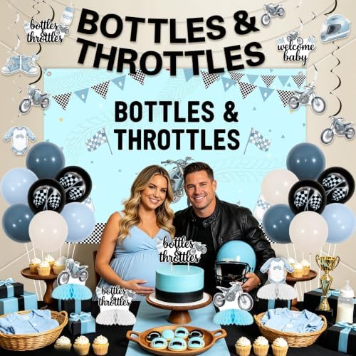 Jollyboom Bottles and Throttles Boy Motorcycle Baby Shower Backdrop Decor - Image 4