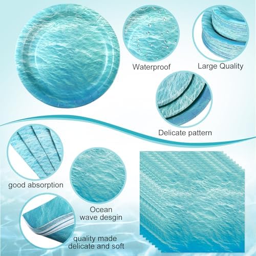 Funnymoom 452 Pcs Ocean Sea Birthday Party Decorations Include Ocean Waves Paper Plates Napkins Cups Tablecloth Cutlery Straws Sea Theme Party Supplies for Birthday Baby Shower - Image 3