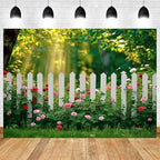 15x10ft Spring Backdrop Green Grass White Fence Photography Background Sunshine Flowers Garden Forest Natural Scenery Wedding Banner Decorations Birthday Baby Shower Portrait Photo Booth Prop - Image 2