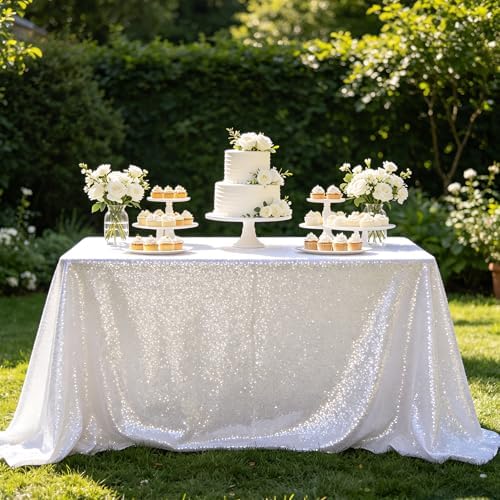 SoarDream White Sequin Tablecloth 90"x132" Wedding Glitter Table Cloth - Image 4