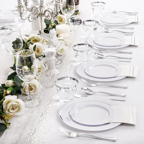 NOCCUR 700PCS Silver Plastic Plates Disposable for 100 Guests - Include 100 Dinner/Dessert White Plastic Plates with Silver Trim,300 Cutlery,100 Cups,100 Napkins for Party&Wedding - Image 7