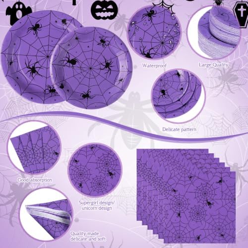 Funnymoom 452 Pcs Halloween Spiderweb Supplies Tableware for 50 Guests, Purple Spider Web Paper Plates Napkins Cups Tablecloth Cutlery Straws for Spiderweb Halloween Birthday Party Decoration - Image 3