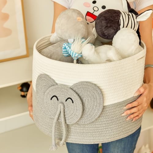 R RUNKA Large Elephant Cotton Rope Basket - Versatile Baby Hamper and Toy Basket, Perfect Basket for Baby Shower Gifts, Stylish Laundry Basket, Round Basket for Children's Storage (15"x15"x11") - Image 4