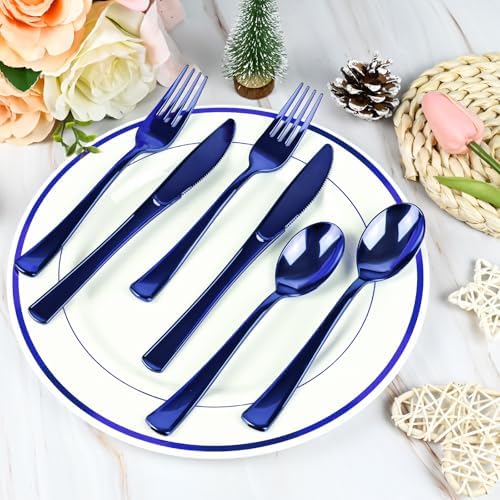 100Pack Blue Pre Rolled Plastic Silverware Wrapped Blue Rolled Cutlery - Image 5
