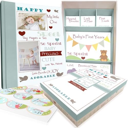 Baby Memory Book w/Keepsake Box & 30 Monthly & Baby First Milestone Stickers - Gender Neutral First Year Scrapbook Journal - Baby Photo Album for Boys by Next+Mommy