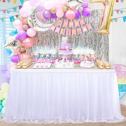 White Table Skirt 14FT Tulle Tutu Table Skirt 2 Layer Ruffle Table Cloth for Rectangle or Round Birthday Party Cake Table Decoration - Image 2