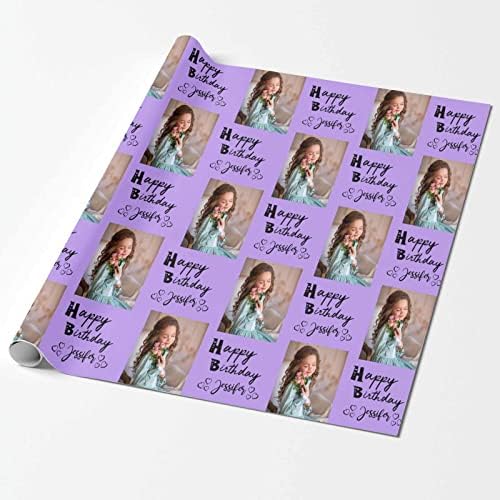 Personalized Gift Wrap Paper with Picture, Happy Birthday with Name Photo Purple Custom Photo Gift Wrapping Paper Roll for Boys Girls Kids Baby Shower Anniversary 58x23 3 Rolls - Image 2