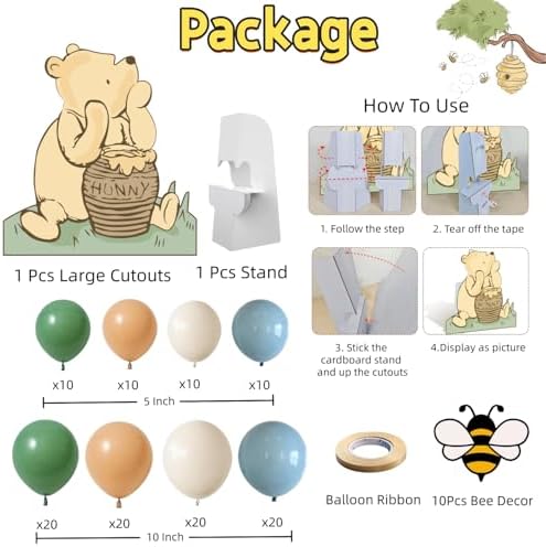 131PCS Classic Winnie Baby Shower Birthday Decorations Large Winnie Coroplast Cutout with Stand, Neutral Balloons Arch& Bee Stickers for Gender Reveal, First Birthday, Photo Props & Pooh Party - Image 2