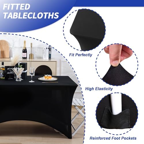 Fixwal 3 Pack 8FT Black Tablecloth Rectangle Spandex Fitted Table Cover - Image 3