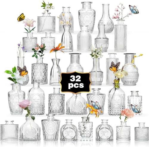 Glass Bud Vase Set of 32PCS Wedding Centerpieces for Tables,Mini Clear Bud Vases for Flowers,Small Flower Vases Suitable for Birthday Party,Anniversary,Wedding,Baby Shower (Clear, 32PCS) by Unknown
