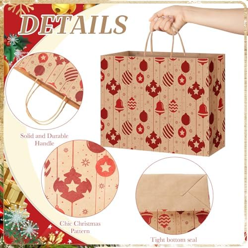 Gueevin 24 Piece Large Christmas Kraft Gift Bags with Handle 12.5 x 10 x 4.5 Inch Xmas Holiday Paper Treat Candy Goodie Bags with Snowflake Elk Socks Patterns for Christmas Party Favor Present Giving - Image 5