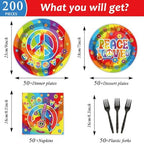 200pcs 60's Hippie Party Plates Napkins Groovy Paper Tableware Set Tie Dye Cake Dessert Disposable Dinnerware 60s 70s Hippie Party Decoration for Baby Shower Birthday Decor Supplies Serves 50 - Image 2