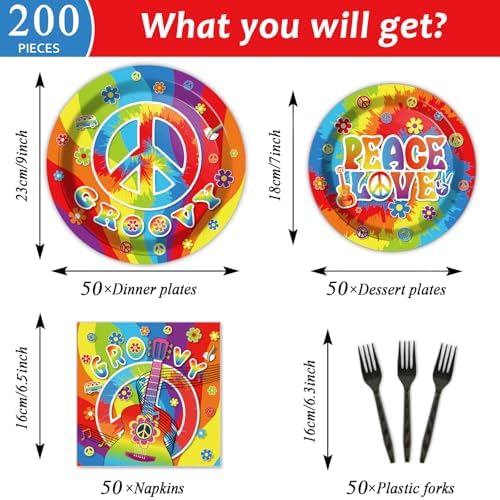 200pcs 60's Hippie Party Plates Napkins Groovy Paper Tableware Set Tie Dye Cake Dessert Disposable Dinnerware 60s 70s Hippie Party Decoration for Baby Shower Birthday Decor Supplies Serves 50 - Image 2